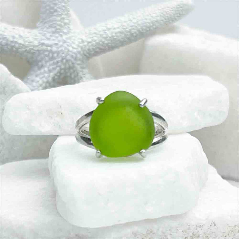 Spirited Lime Green Sea Glass Ring in Sterling Silver Size 7 