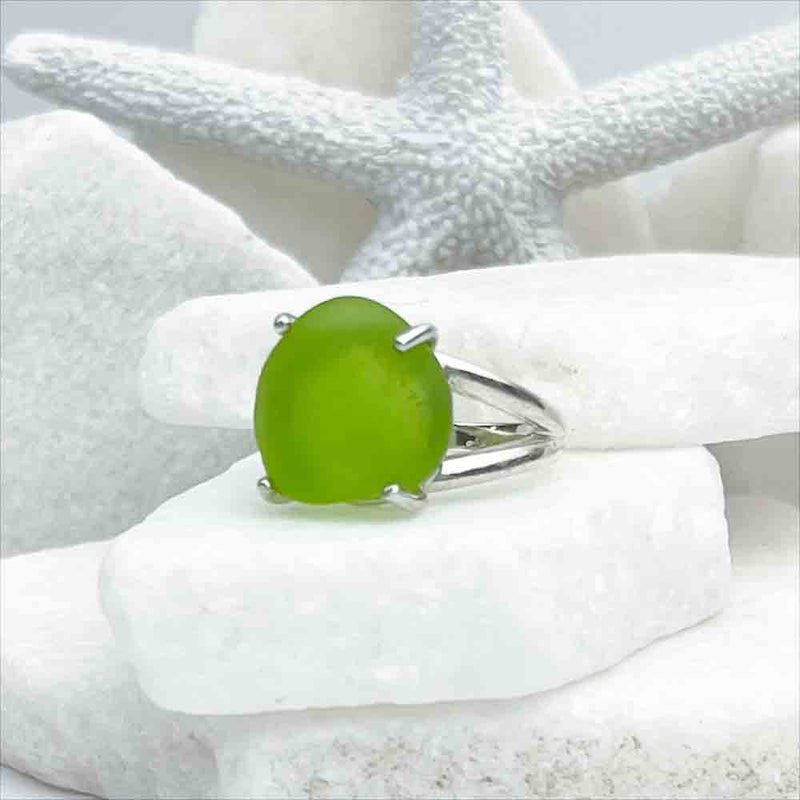 Spirited Lime Green Sea Glass Ring in Sterling Silver Size 7 