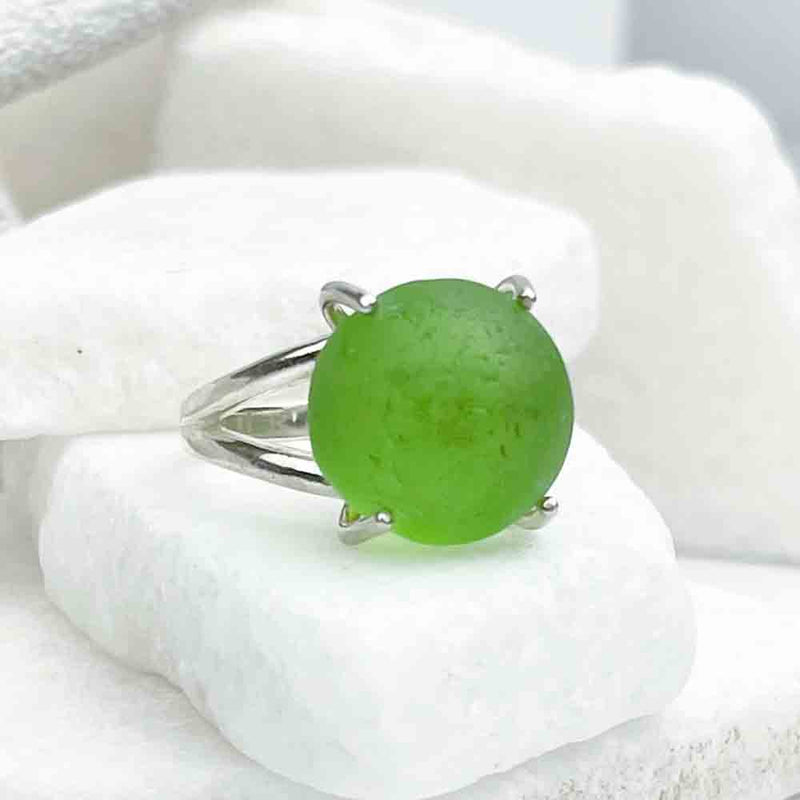 Green Cod Bottle Marble Sea Glass Ring in Sterling Silver Size 8 
