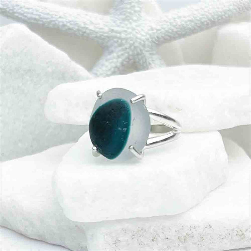 Deep Sea Turquoise English Multi Sea Glass Ring Sterling Silver Size 8