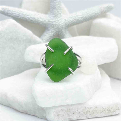 Deep Green Sea Glass Ring in Sterling Silver Size 10