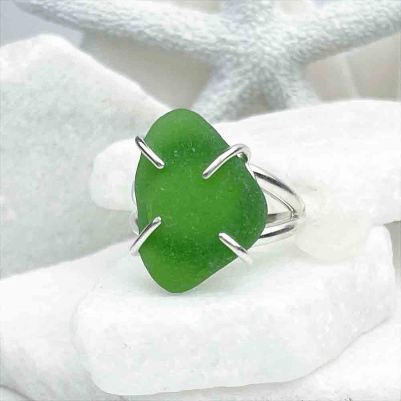 Deep Green Sea Glass Ring in Sterling Silver Size 10