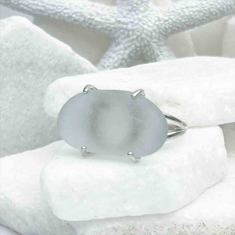 Horizontal Mist Gray Sea Glass Ring in Sterling Silver Size 8