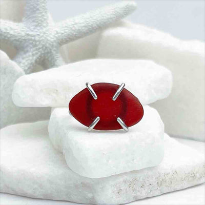 Horizontally Set Bright Red Sea Glass Ring in Sterling Silver Size 8