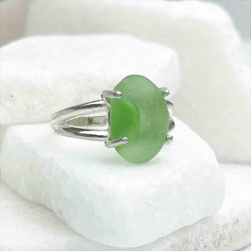Half-Moon Green Sea Glass Ring in Sterling Silver Size 8 