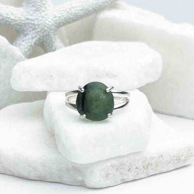 Deep Green Marble Sea Glass Ring in Sterling Silver Size 7