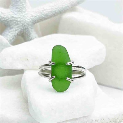 Oblong Green Sea Glass Ring in Sterling Silver Size 8 