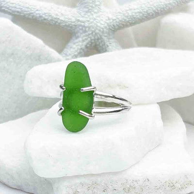 Oblong Green Sea Glass Ring in Sterling Silver Size 8 