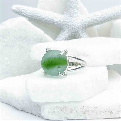 Green Cat's Eye Marble Sea Glass Ring in Sterling Silver Size 8