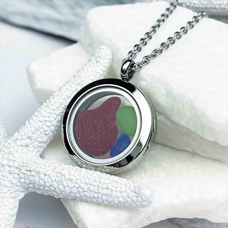 Red with Lime Green and Cobalt Blue Sea Glass Porthole Locket  