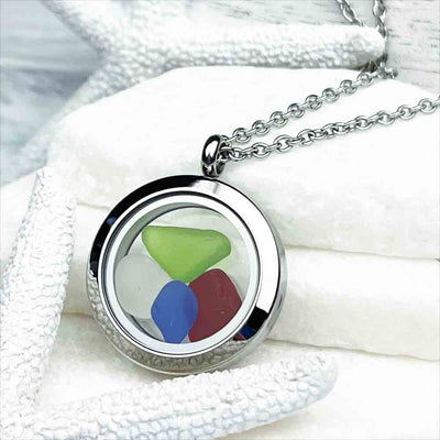 Lime Green, Cobalt Blue, Red, and Clear Sea Glass Porthole Locket