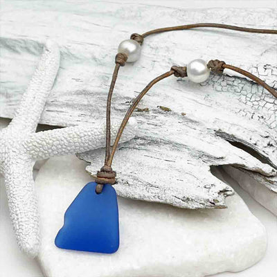 Cobalt Blue Sea Glass Leather Necklace with Genuine Freshwater Pearls