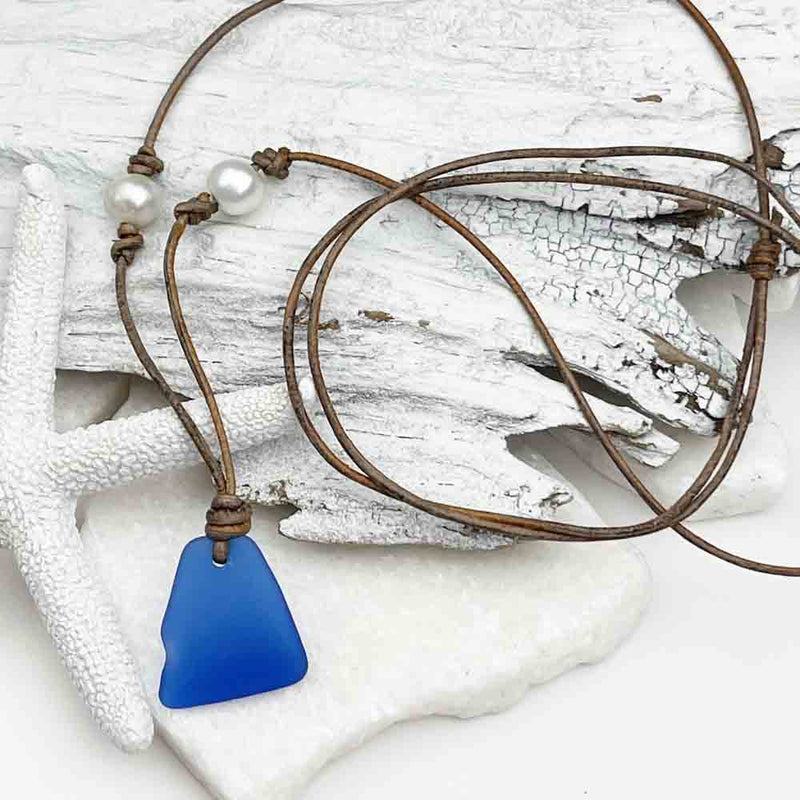 Cobalt Blue Sea Glass Leather Necklace with Genuine Freshwater Pearls