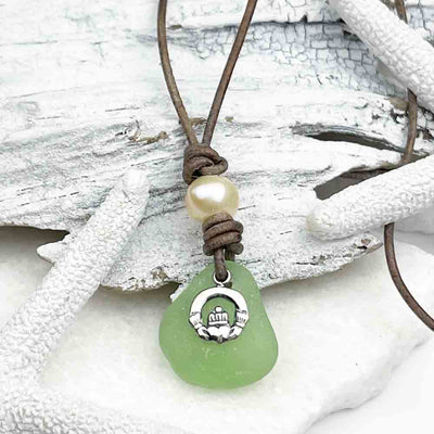 Seafoam Sea Glass with Freshwater Pearl and Claddagh Charm on a Leather Necklace