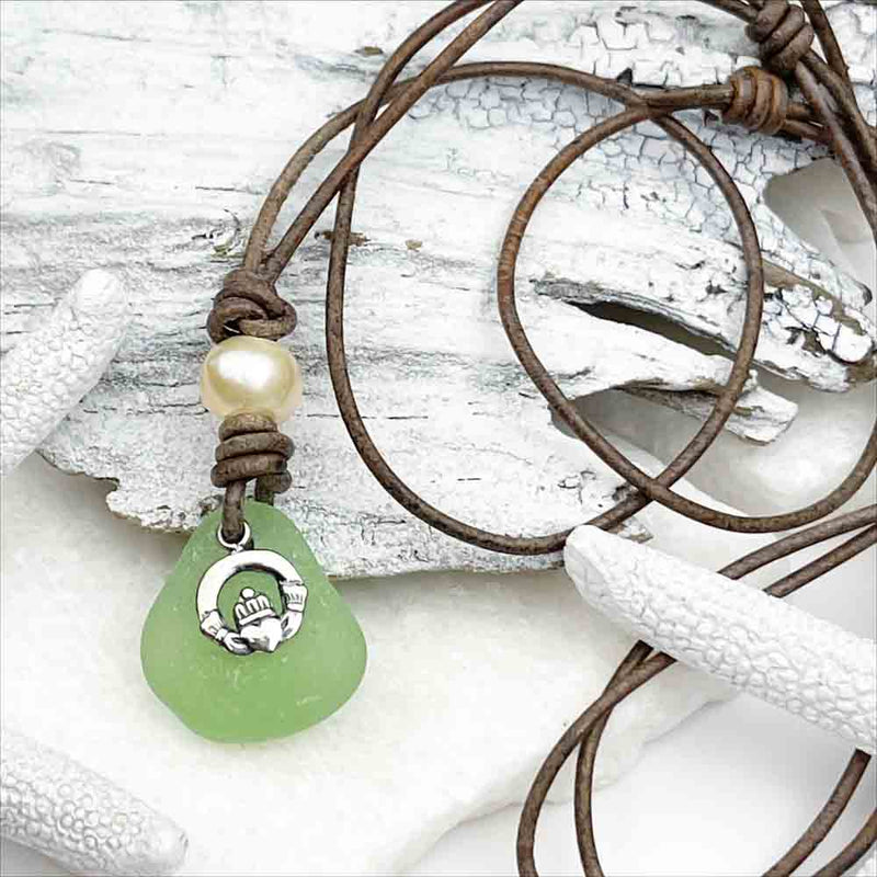 Seafoam Sea Glass with Freshwater Pearl and Claddagh Charm on a Leather Necklace