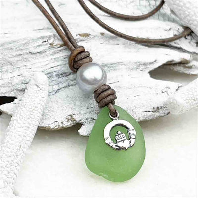 Seafoam Sea Glass Leather Necklace with Claddagh Charm and Gray Pearl