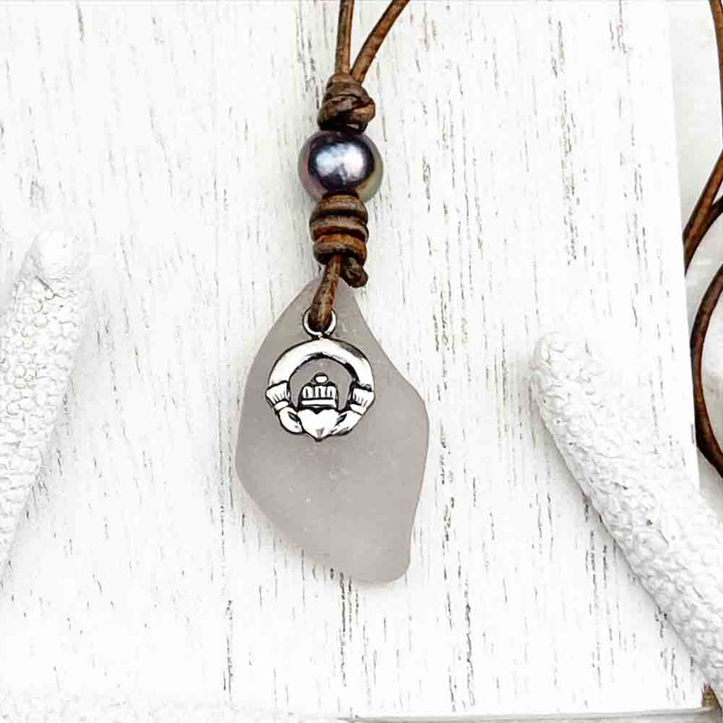 Sun Purple Sea Glass Leather Necklace with Freshwater Pearl and Claddagh Charm