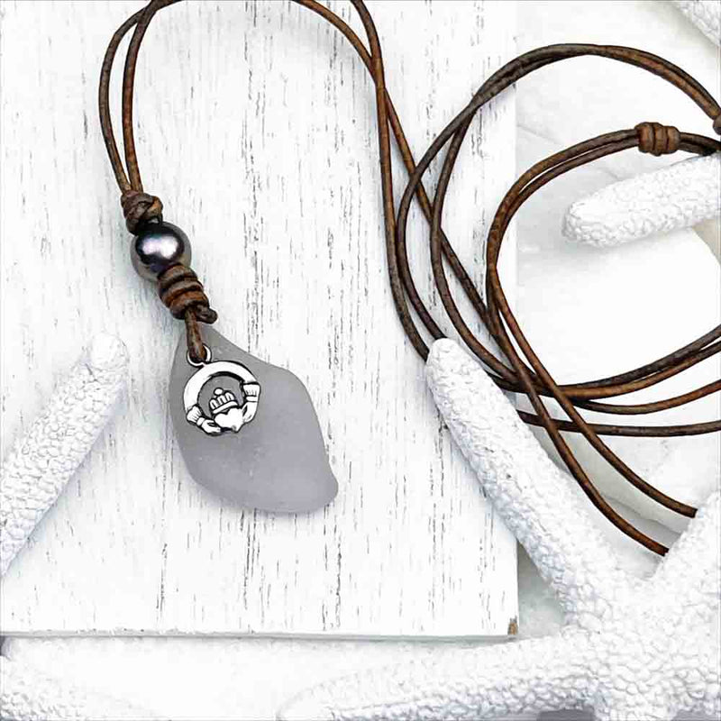 Sun Purple Sea Glass Leather Necklace with Freshwater Pearl and Claddagh Charm