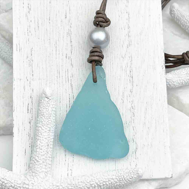 Large, Bright Aqua Sea Glass with Freshwater Pearl on Leather Necklace