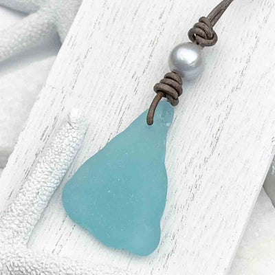 Large, Bright Aqua Sea Glass with Freshwater Pearl on Leather Necklace