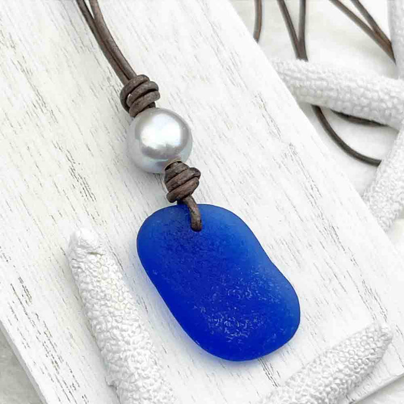 Cobalt Blue Sea Glass Leather Necklace with Freshwater Pearl 