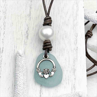 Aqua Sea Glass with Freshwater Pearl and Claddagh Charm on a Leather Necklace 