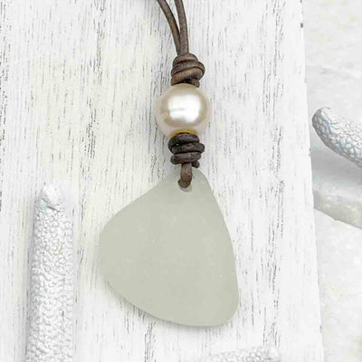 Crystal Clear Sea Glass and Freshwater Pearl Leather Necklace 