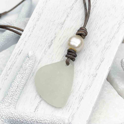 Crystal Clear Sea Glass and Freshwater Pearl Leather Necklace 