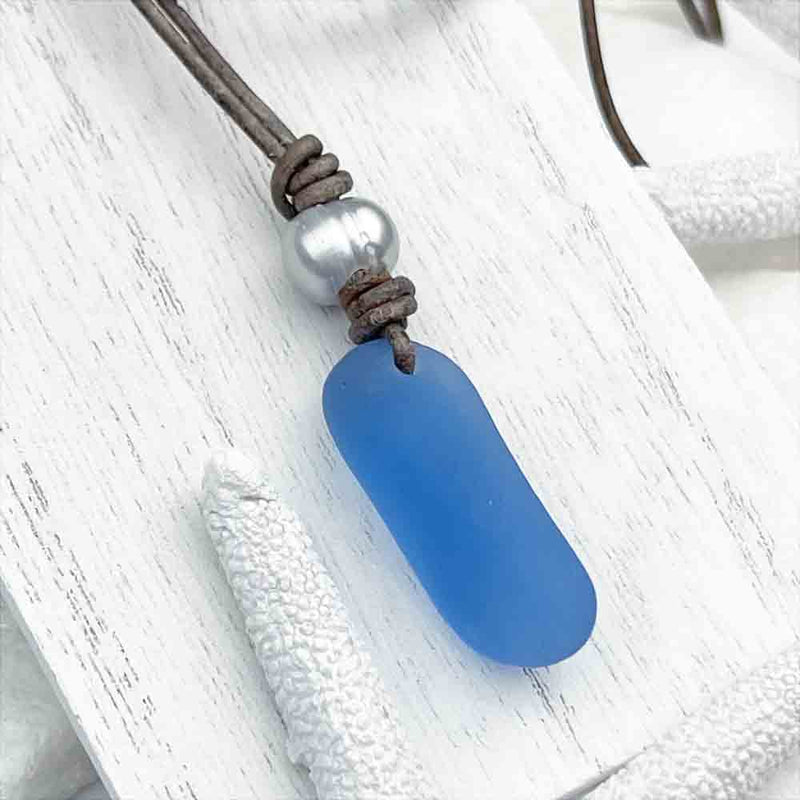 Twist of Cornflower Blue Sea Glass and Freshwater Pearl on a Leather Necklace