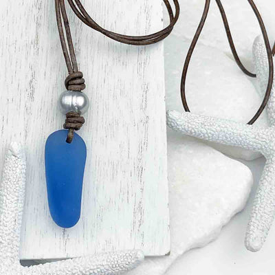 Twist of Cornflower Blue Sea Glass and Freshwater Pearl on a Leather Necklace