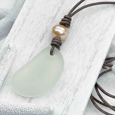 Clear Bottle Bottom Sea Glass and Freshwater Pearl Leather Necklace