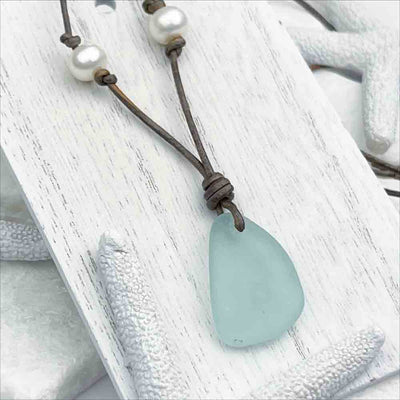 Airy Aqua Sea Glass and Freshwater Pearls on a Leather Necklace