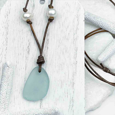 Airy Aqua Sea Glass and Freshwater Pearls on a Leather Necklace