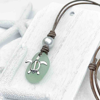 Seafoam Sea Glass, Sea Turtle Charm, and Freshwater Pearl Leather Necklace