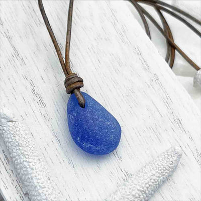Heavily Frosted Cobalt Blue Sea Glass on a Leather Necklace