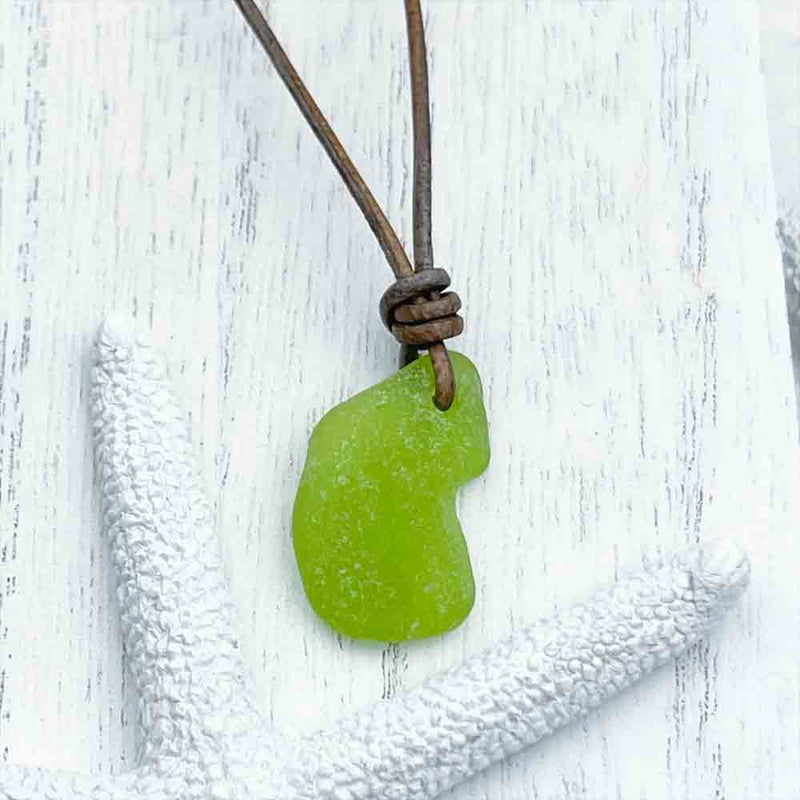 Groovy Lime Green Sea Glass Leather Necklace | Real Sea Glass