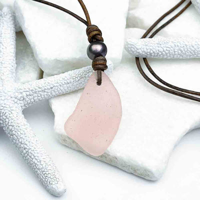 Blush Pink Sea Glass and Freshwater Pearl on a Leather Necklace 