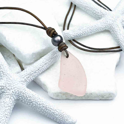 Blush Pink Sea Glass and Freshwater Pearl on a Leather Necklace 