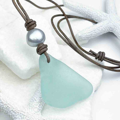 Remarkable Aqua Sea Glass and Freshwater Pearl Leather Necklace