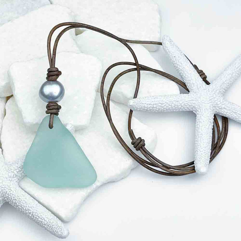 Remarkable Aqua Sea Glass and Freshwater Pearl Leather Necklace
