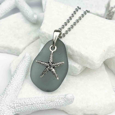 Large Dark Gray Sea Glass Pendant with Sterling Silver Starfish Charm