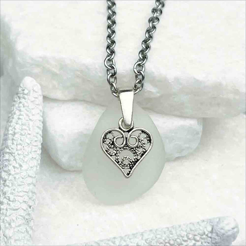 Crystal Clear Sea Glass Pendant with Detailed Sterling Silver Heart Charm