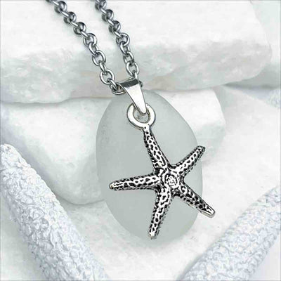 Clear Oval Sea Glass Pendant with Large Sterling Silver Starfish Charm