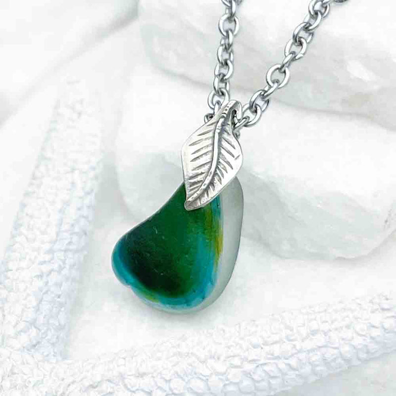 Turquoise and Green English Multi Sea Glass Pendant with Leaf Bail