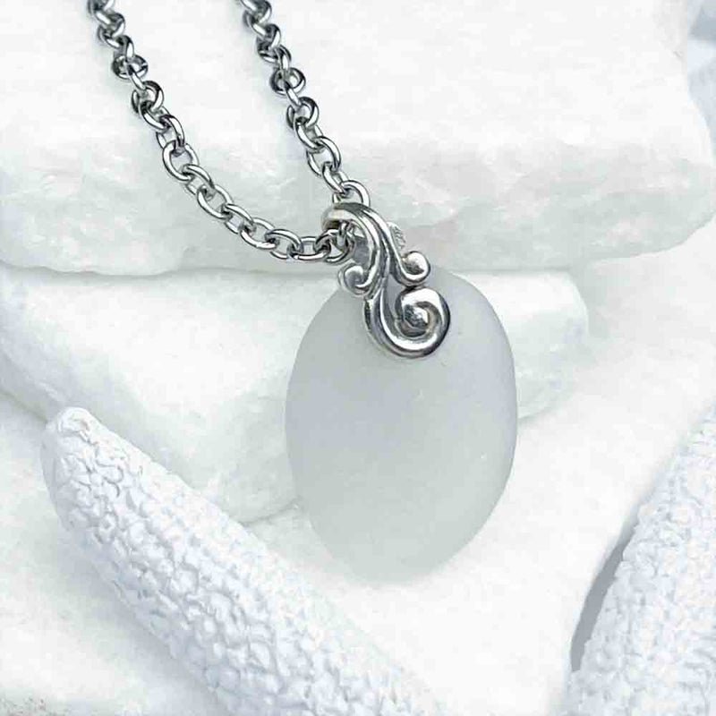 Simple Clear Sea Glass Pendant with Sterling Silver Ocean Waves Bail 