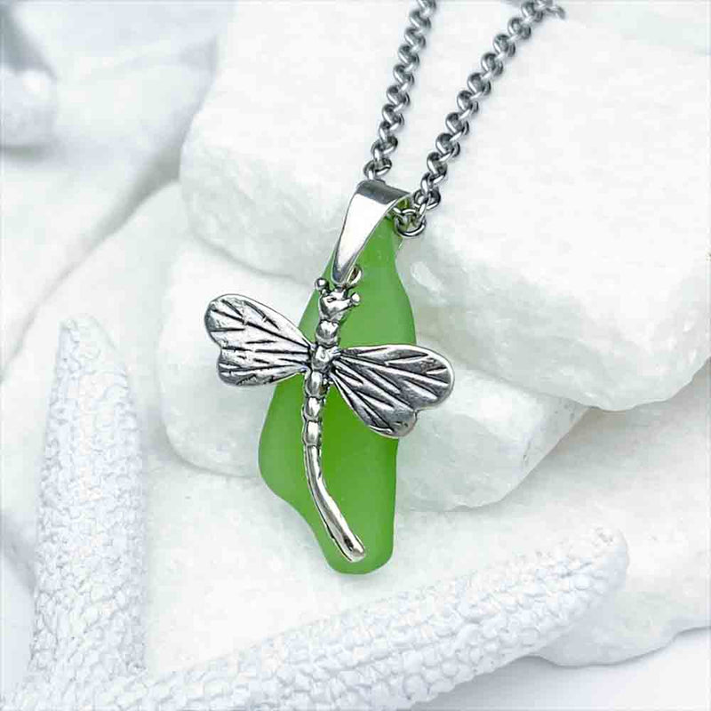 Bright Green Sea Glass Pendant with Sterling Silver Dragonfly Charm