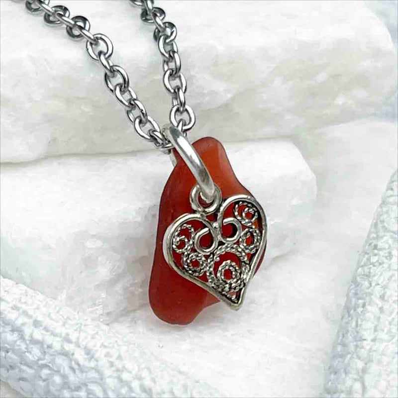 Miniature Orange Sea Glass Pendant with Sterling Silver Heart Charm