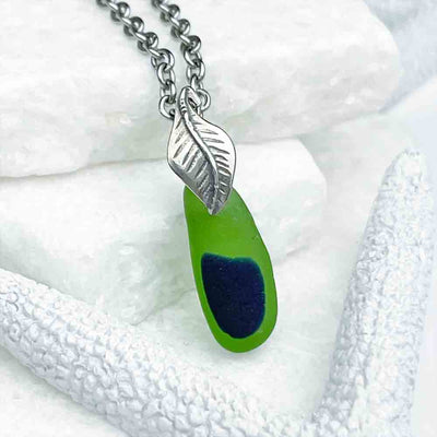 Cobalt Blue on Kelly Green English Multi Sea Glass Pendant with Leaf Bail