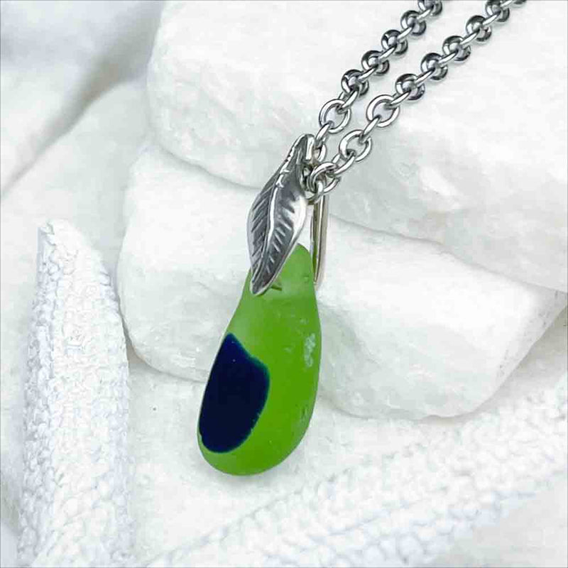Cobalt Blue on Kelly Green English Multi Sea Glass Pendant with Leaf Bail