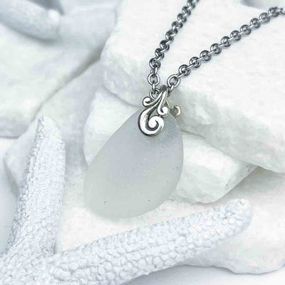 Pure Crystal Clear Sea Glass Pendant with Sterling Silver Ocean Waves Bail